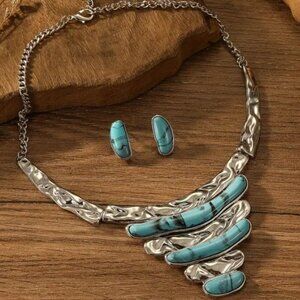 Boho Style Silver Electro-Plated Simulated Turquoise Necklace & Earrings Set